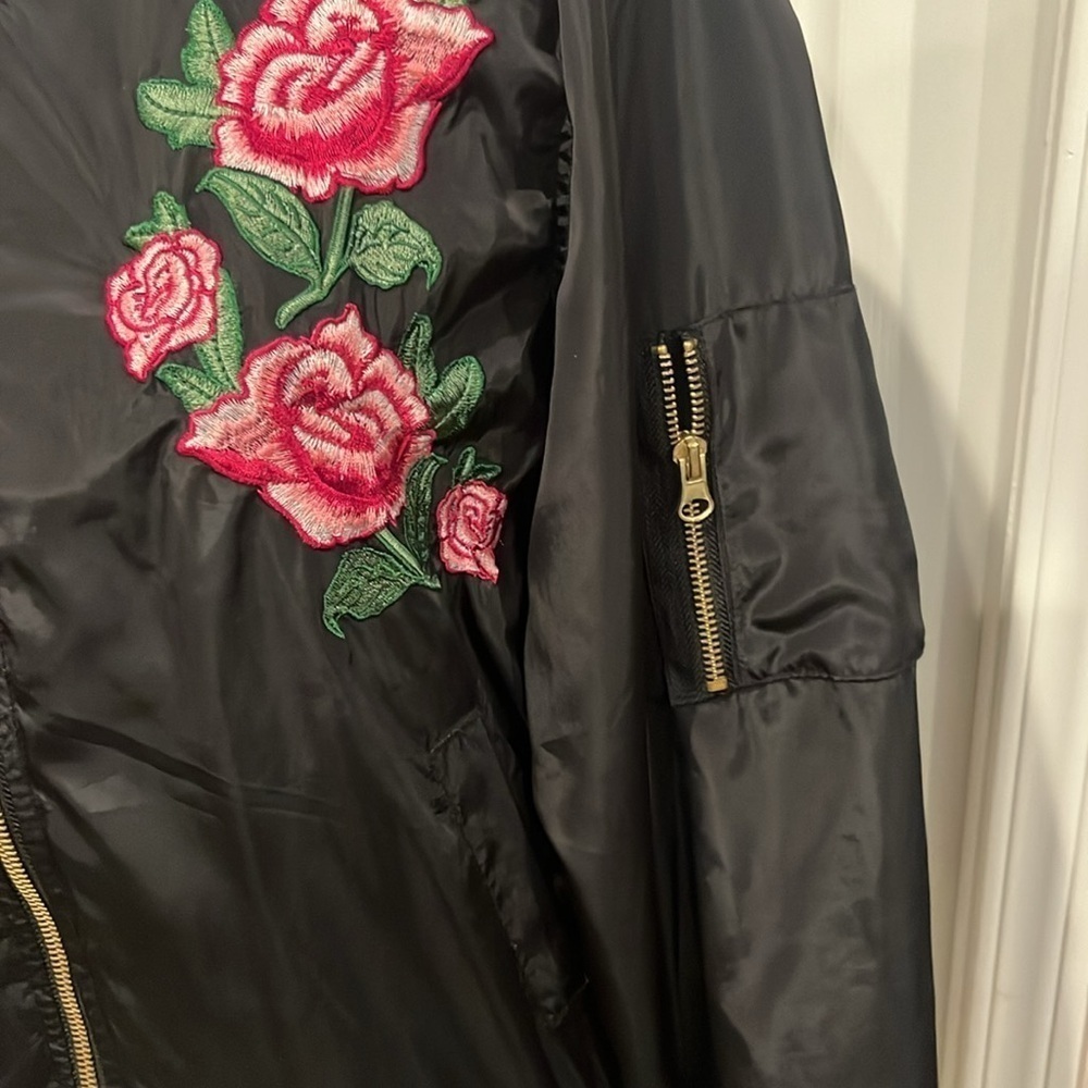 Love Tree Black satin embroidered Bomber Jacket. - Picture 3 of 10